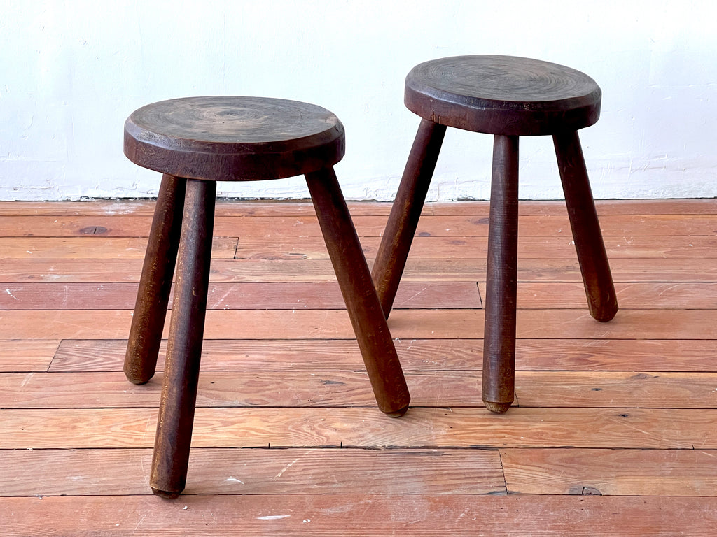 Tripod stool, wood and cowhide, compass feet 1950 1960 50's 60's on sale mid century old vintage French wood and cow skin stool