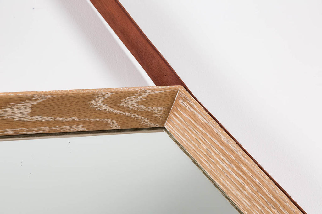 Beverly Oak and Leather Hexagon Mirror - Cerused