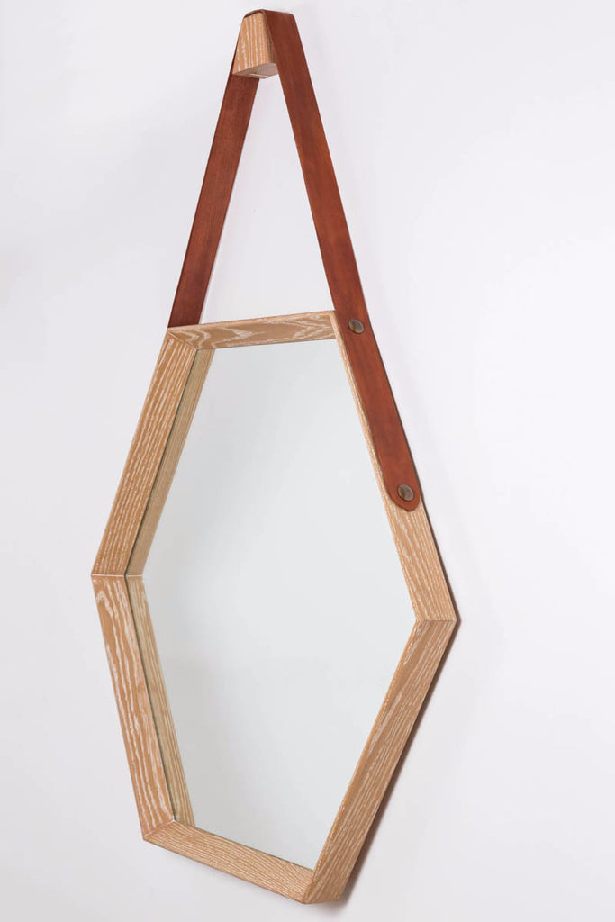 Beverly Oak and Leather Hexagon Mirror - Cerused