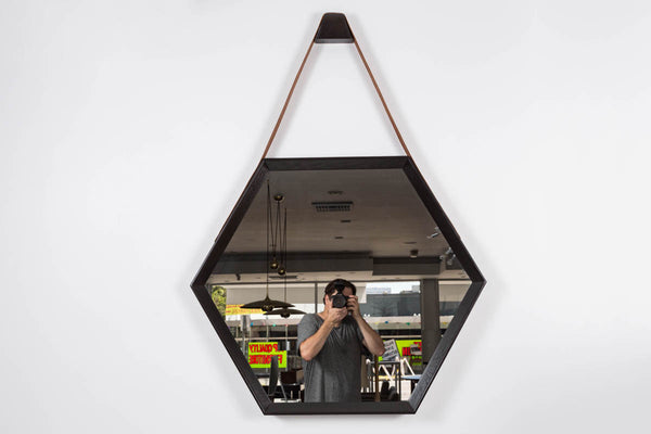Beverly Oak and Leather Hexagon Mirror