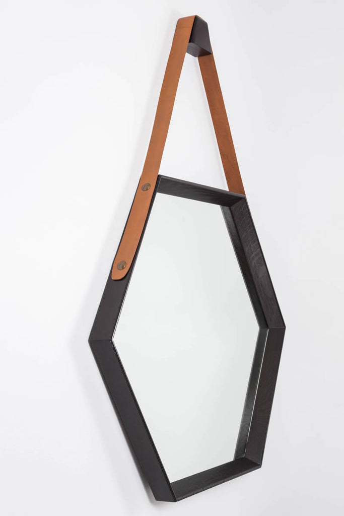 Beverly Oak and Leather Hexagon Mirror