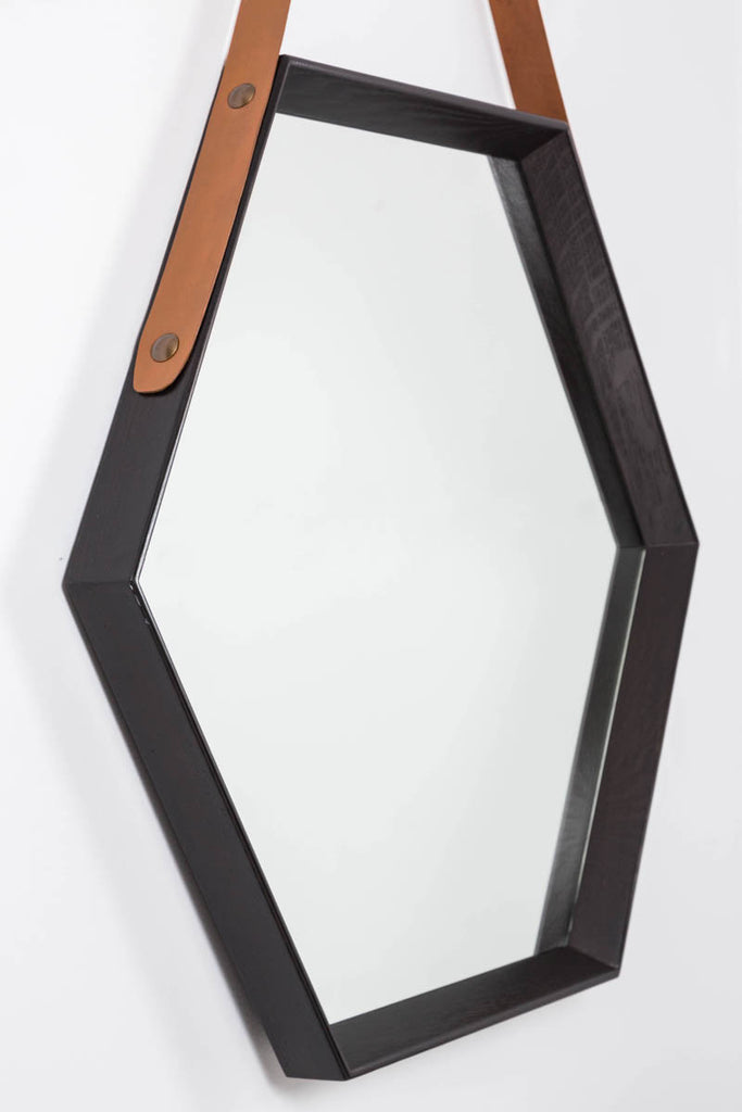 Beverly Oak and Leather Hexagon Mirror