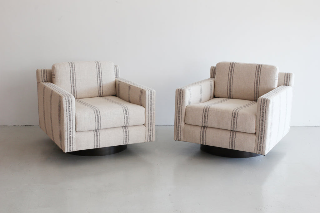 Pair of Black Linen Striped Milo Baughman Style Chairs