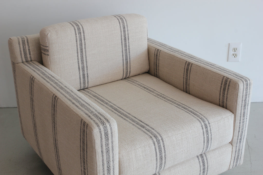 Pair of Black Linen Striped Milo Baughman Style Chairs