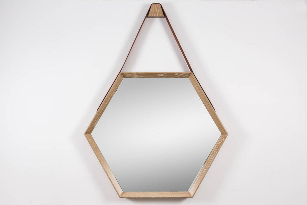 Beverly Oak and Leather Hexagon Mirror - Cerused