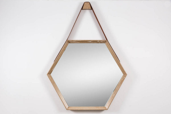 Beverly Oak and Leather Hexagon Mirror - Cerused