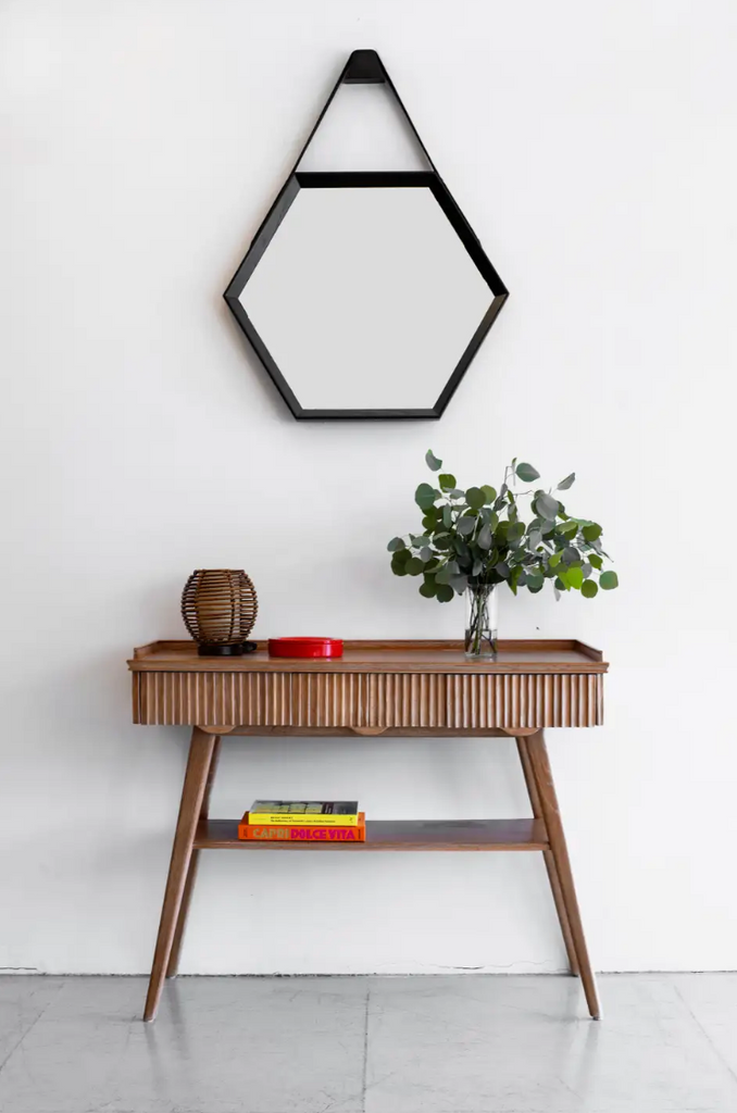 Beverly Oak and Leather Hexagon Mirror