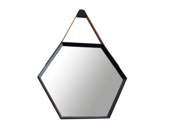 Beverly Oak and Leather Hexagon Mirror